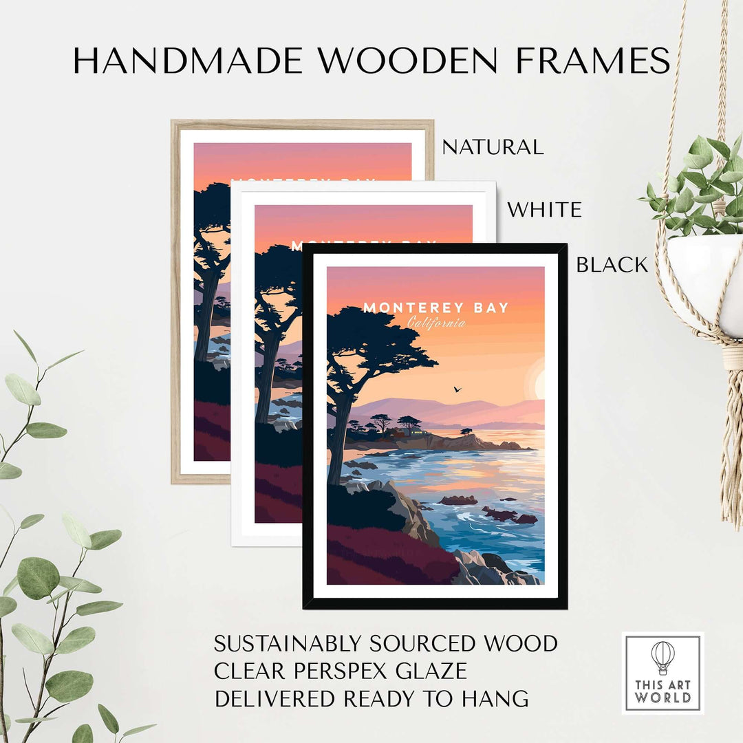 Handmade wooden frames for Monterey Bay artwork in natural, white, and black finishes, ready to hang.