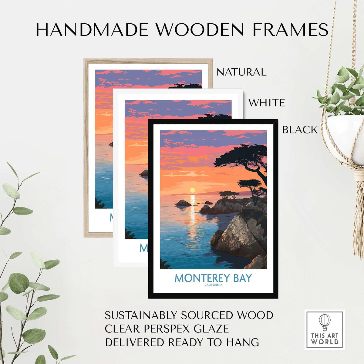 Monterey Bay Poster California Coastal Decor in handmade wooden frames, showcasing natural, white, and black options.