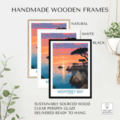 Monterey Bay Poster California Coastal Decor in handmade wooden frames, showcasing natural, white, and black options.