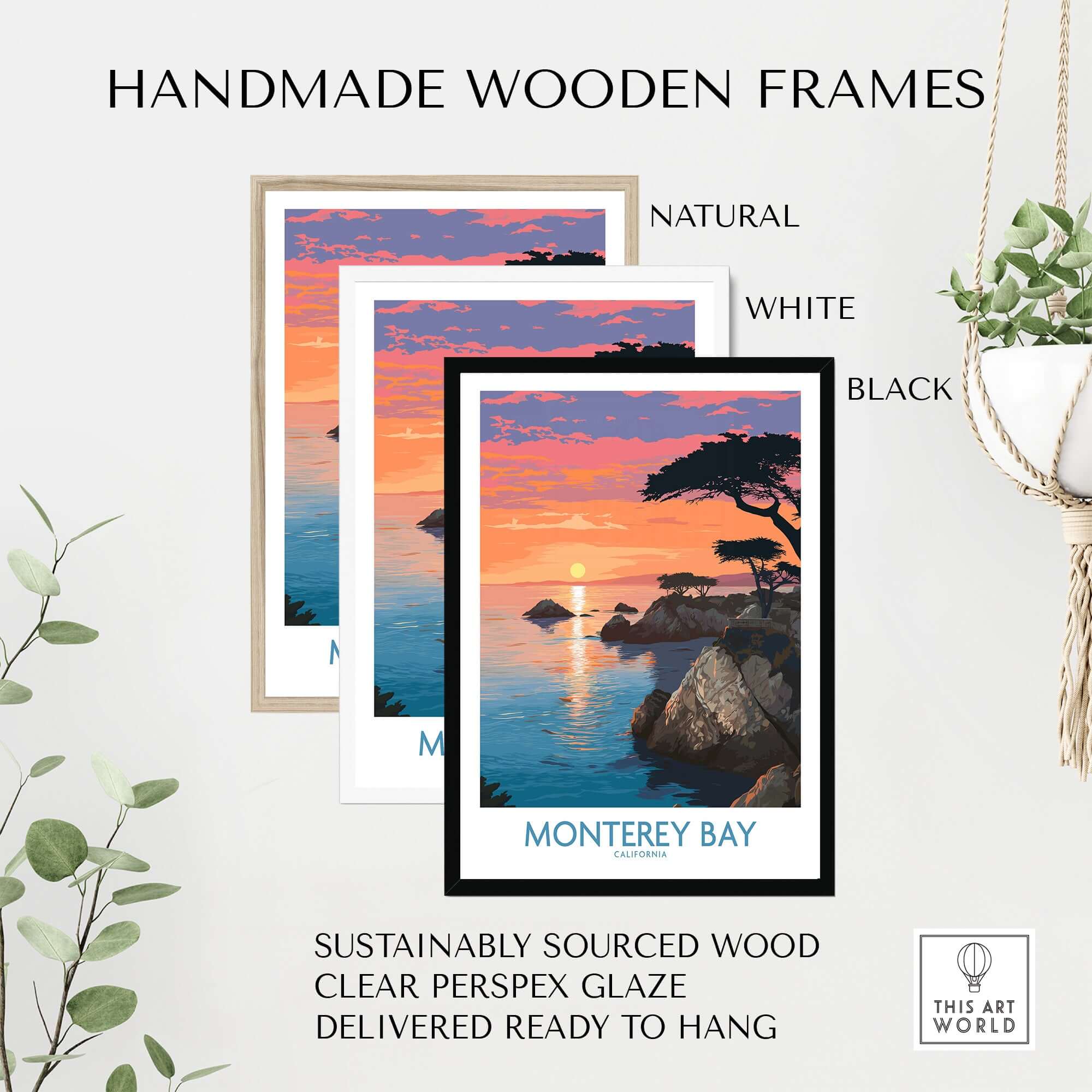 Monterey Bay Poster California Coastal Decor in handmade wooden frames, showcasing natural, white, and black options.
