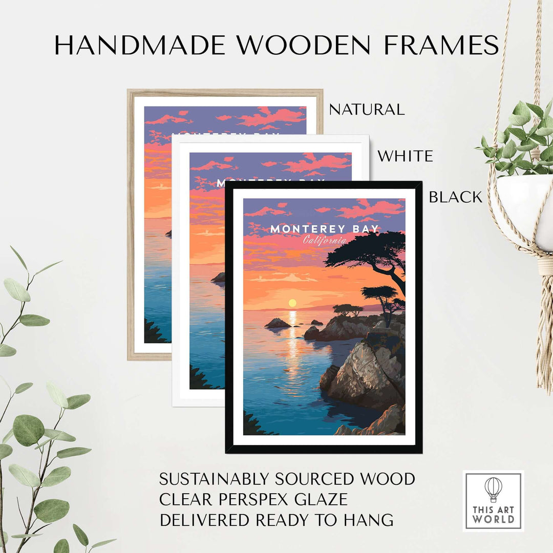 Three handmade wooden frames in natural, white, and black showcasing a Monterey Bay print.