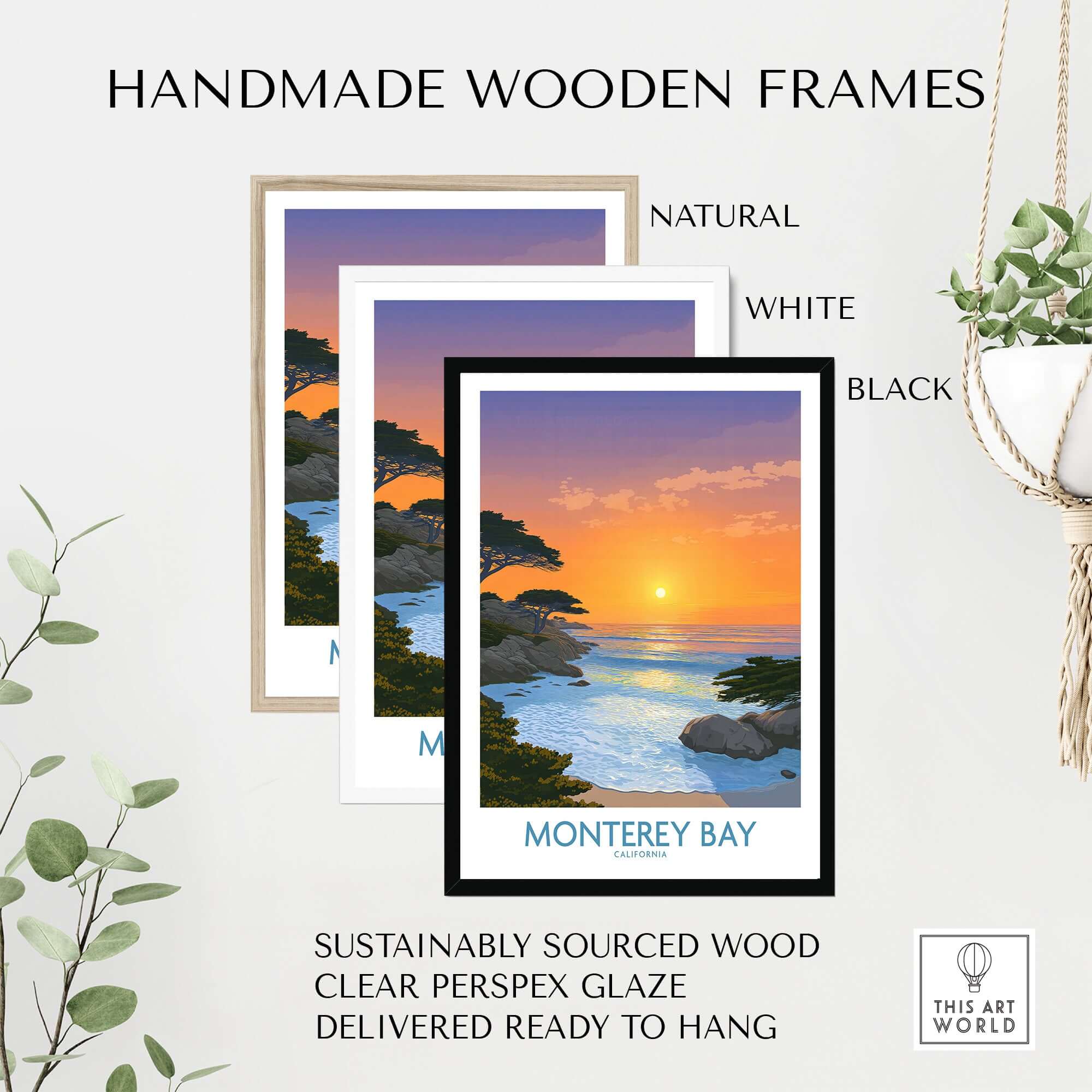 Monterey Bay California Poster - California Beach Print displayed in natural, white, and black handmade wooden frames.