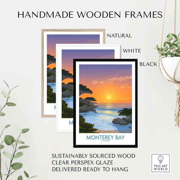 Handmade wooden frames in natural, white, and black for Monterey Bay California beach poster.