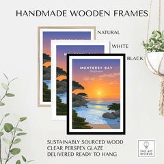 Monterey Bay California Print - Stunning Sunset Wall Art in handmade wooden frames, showcasing natural, white, and black options.
