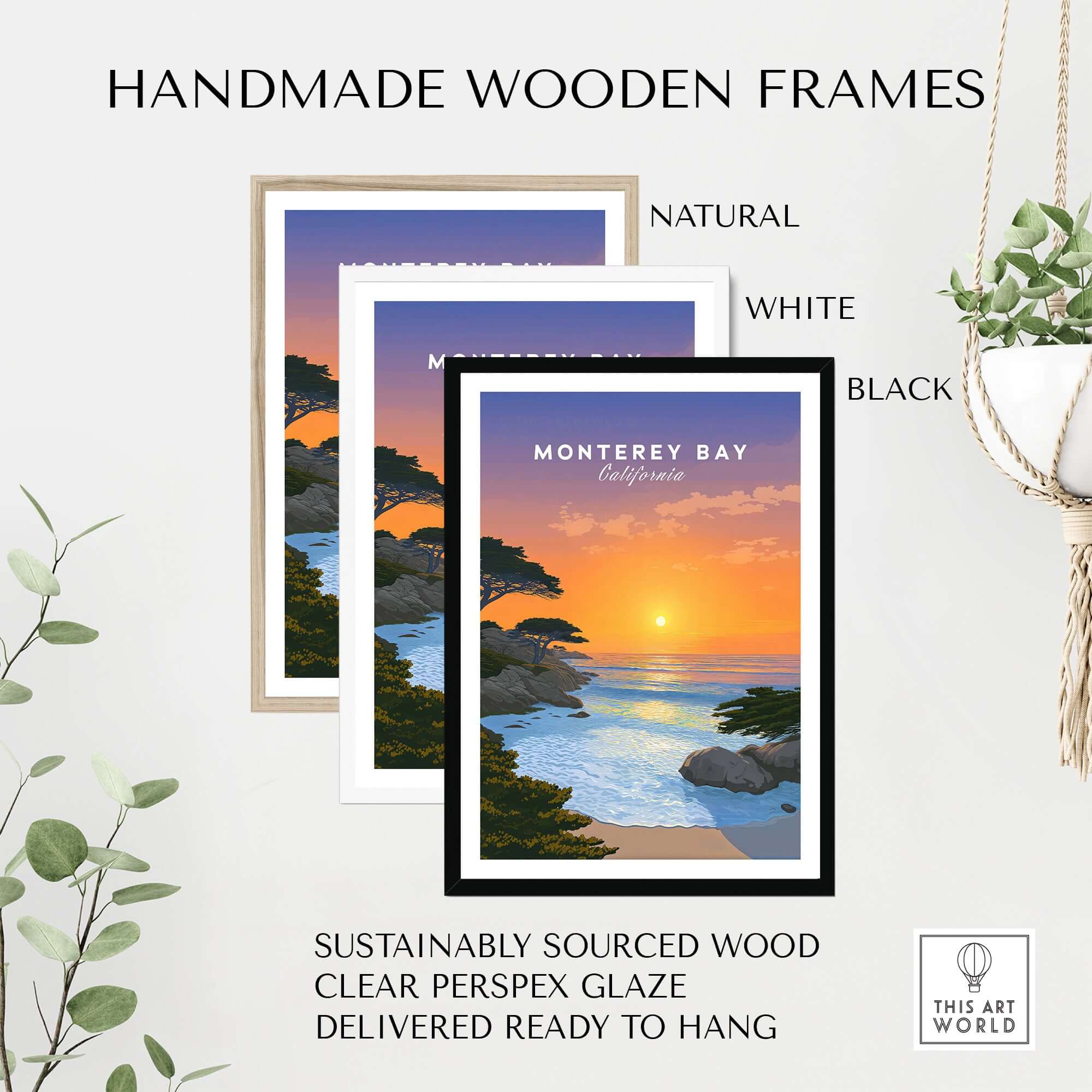 Monterey Bay California Print - Stunning Sunset Wall Art in handmade wooden frames, showcasing natural, white, and black options.