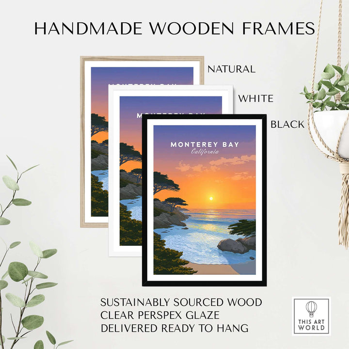 Handmade wooden frames in natural, white, and black for Monterey Bay sunset print, sustainably sourced and ready to hang.
