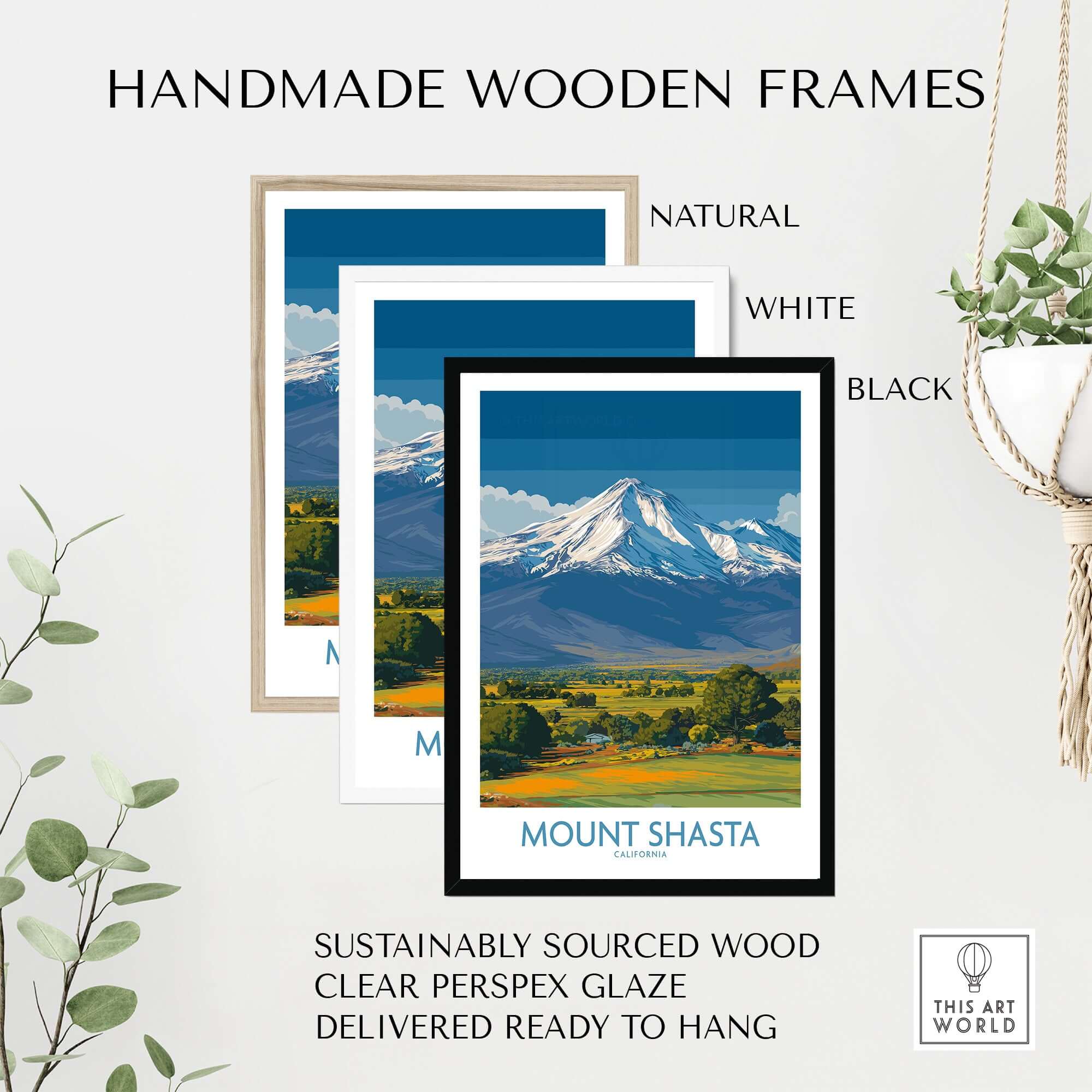 Handmade wooden frames showcasing Mount Shasta California Poster with natural, white, and black options.