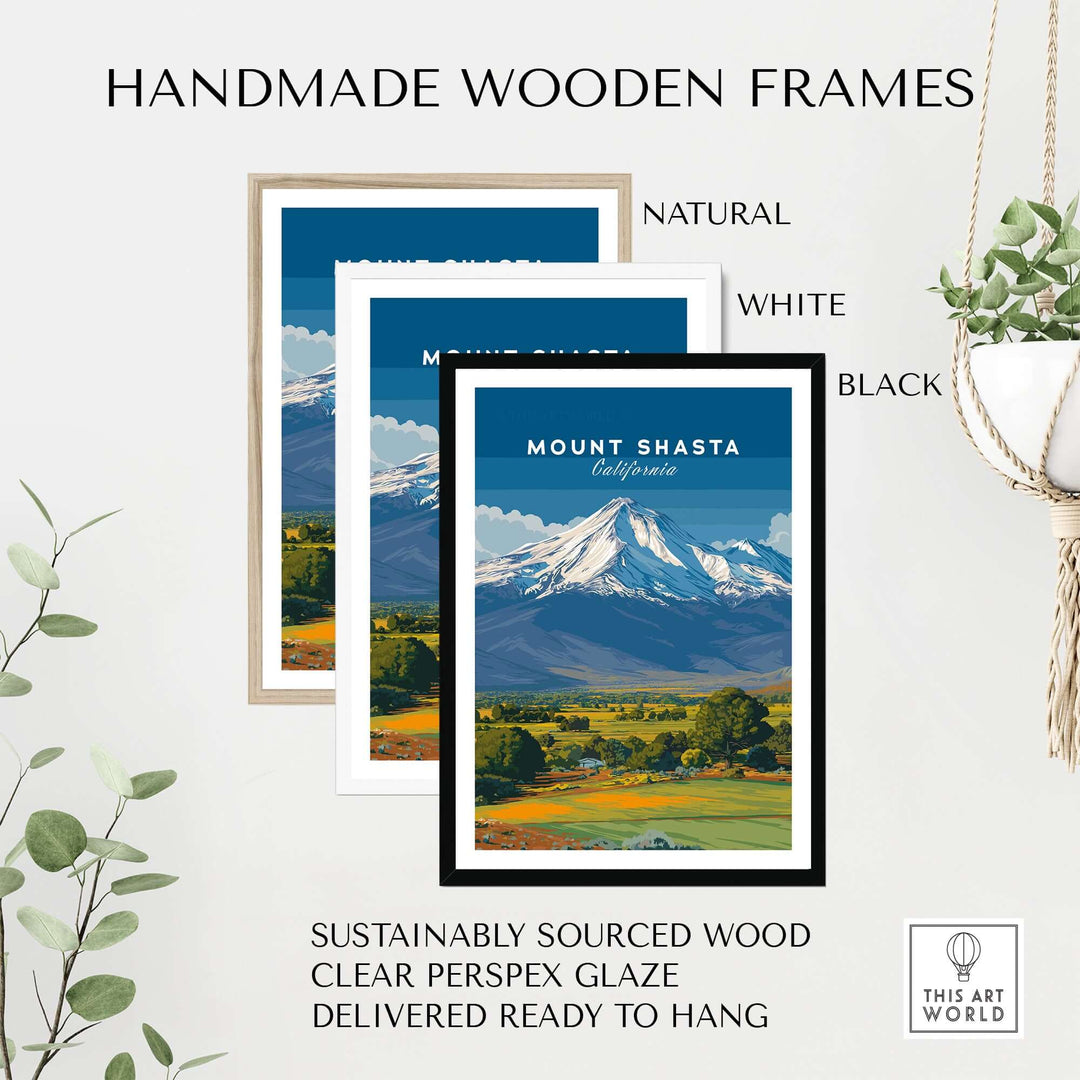 Handmade wooden frames for Mount Shasta California print in natural, white, and black options, sustainably sourced.