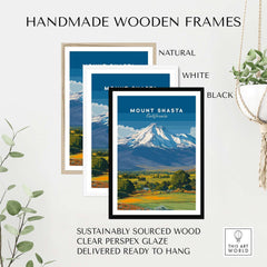 Handmade wooden frames for Mount Shasta California Print - Northern California Wall Art, available in natural, white, and black.