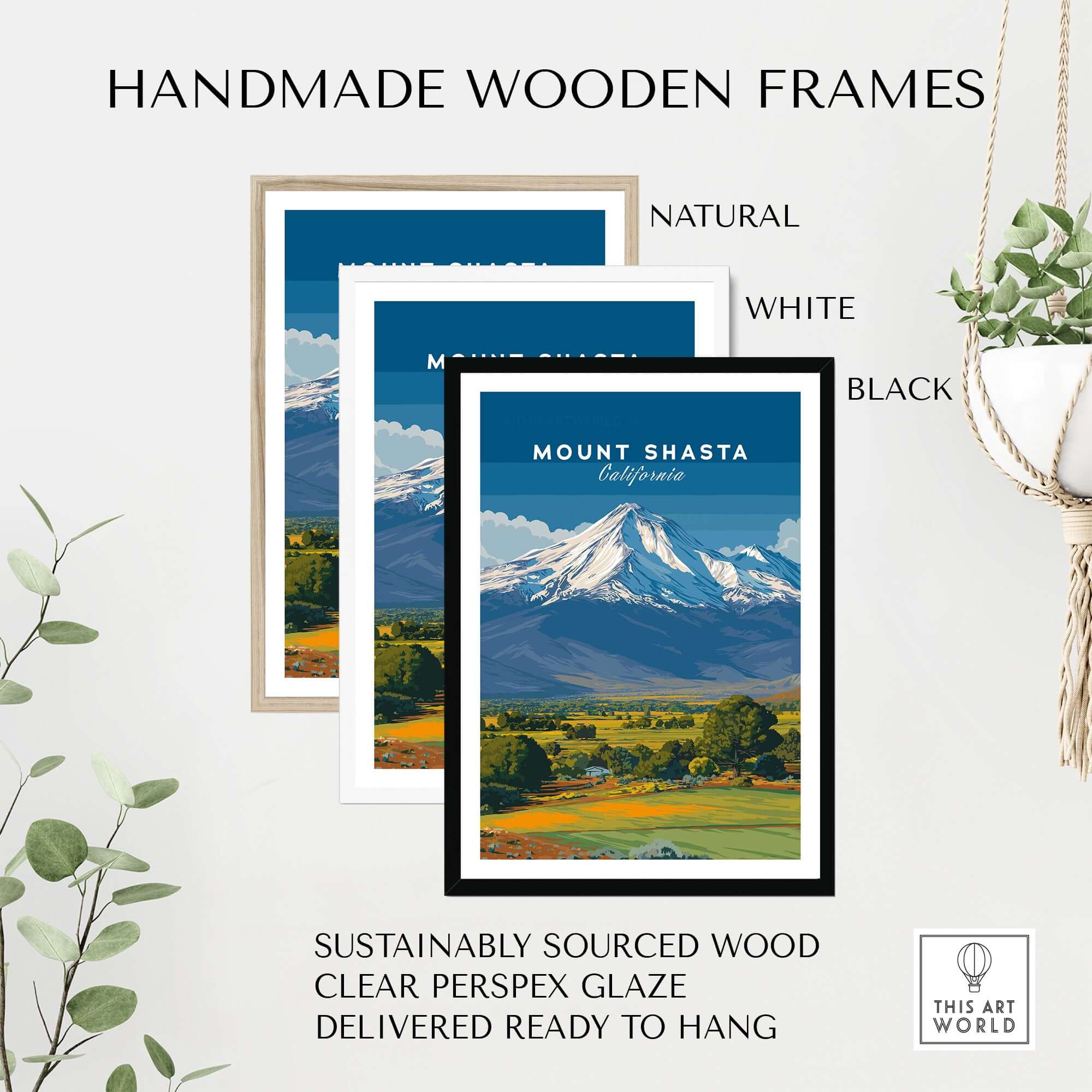 Handmade wooden frames for Mount Shasta California Print - Northern California Wall Art, available in natural, white, and black.