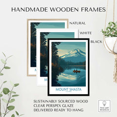 Handmade wooden frames for Mount Shasta Poster California - California Nature Print in natural, white, and black finishes.