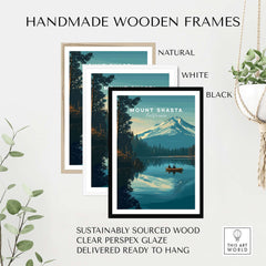 Mount Shasta California Print - Peaceful Mountain Wall Art in handmade wooden frames, available in natural, white, and black.