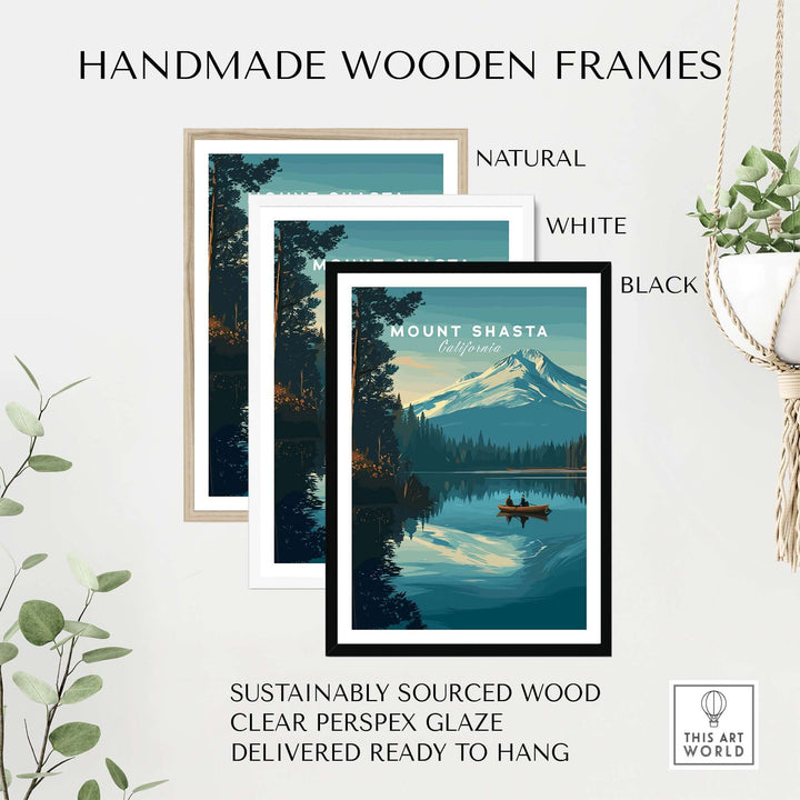 Handmade wooden frames in natural, white, and black colors for Mount Shasta print, sustainably sourced and ready to hang.