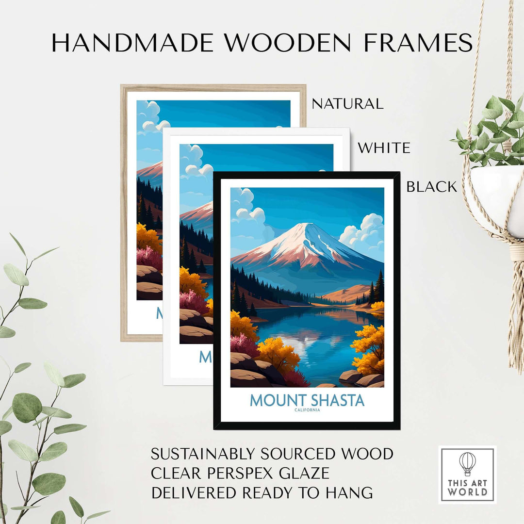 Handmade wooden frames in natural, white, and black showcasing Mount Shasta California wall art.