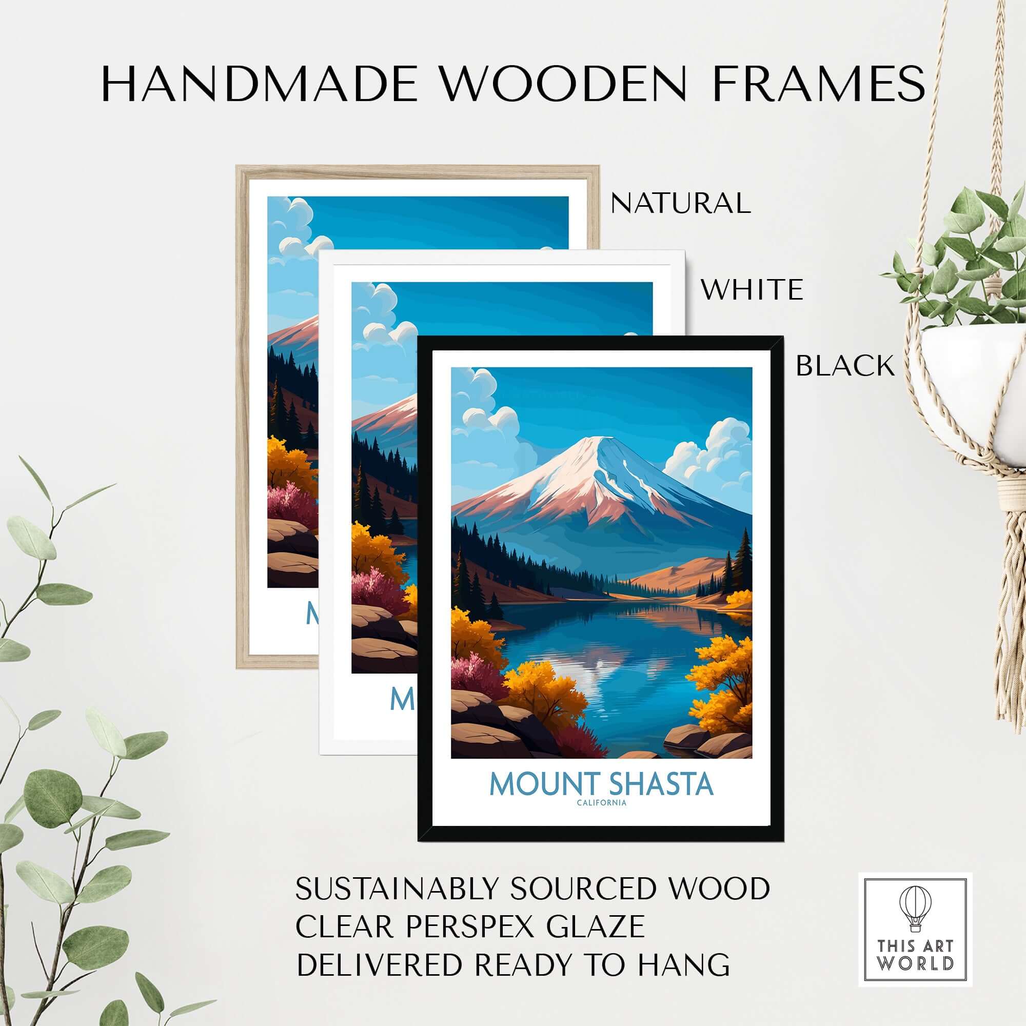 Mount Shasta California Wall Art - California Wilderness Art framed in natural, white, and black handmade wooden frames.