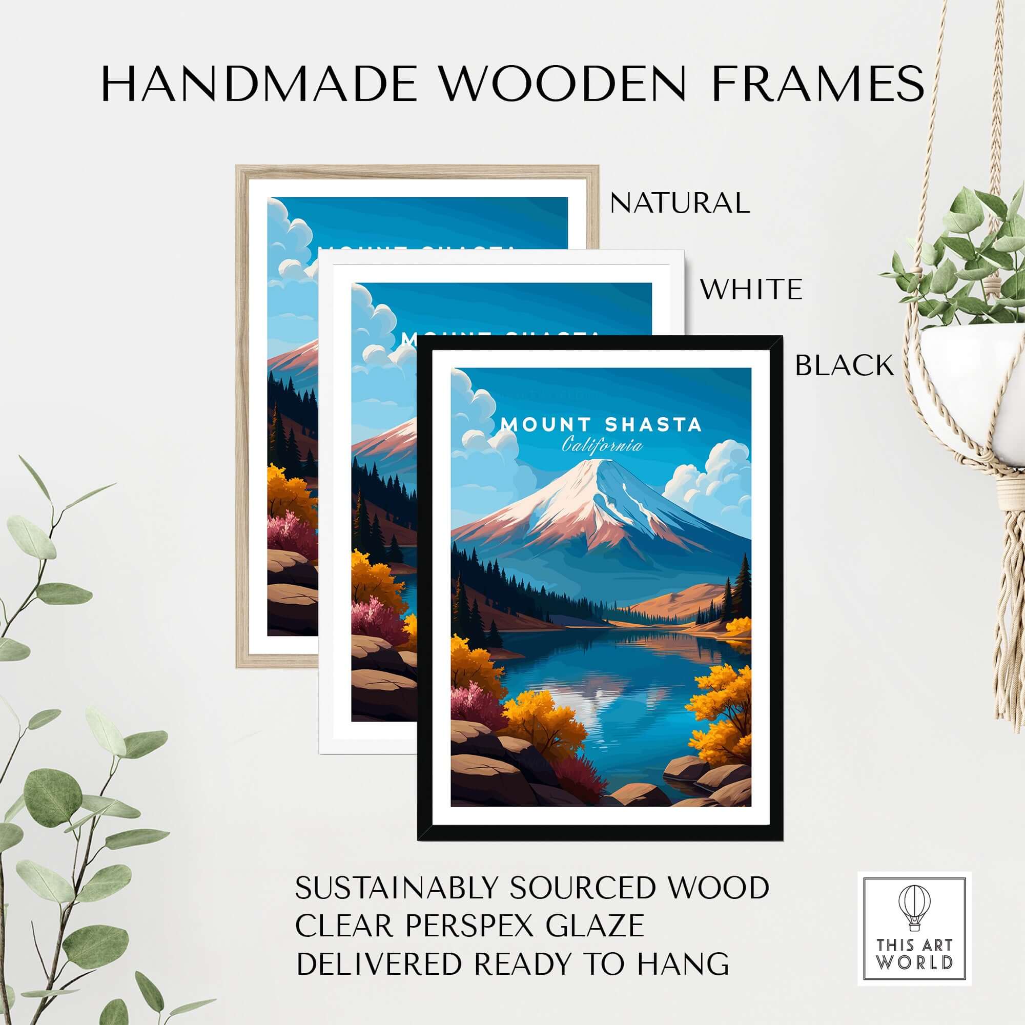 Handmade wooden frames for Mount Shasta Wall Art - California Travel Print in natural, white, and black finishes.