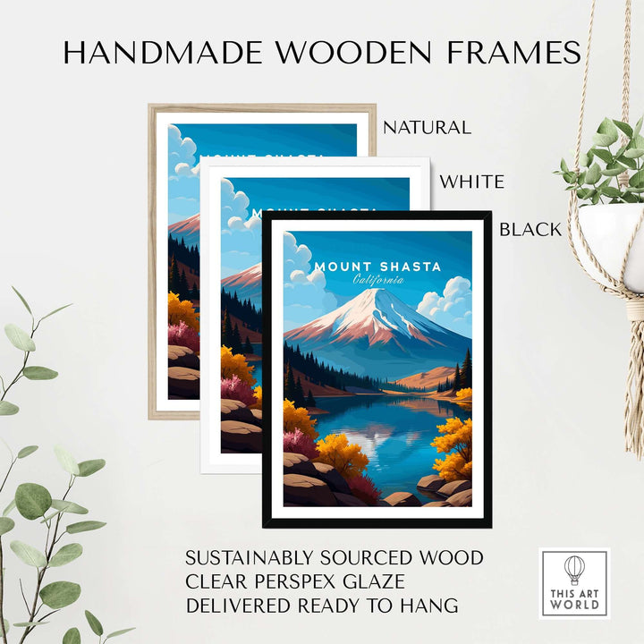 Mount Shasta wall art in handmade wooden frames: natural, white, and black options, ready to hang.