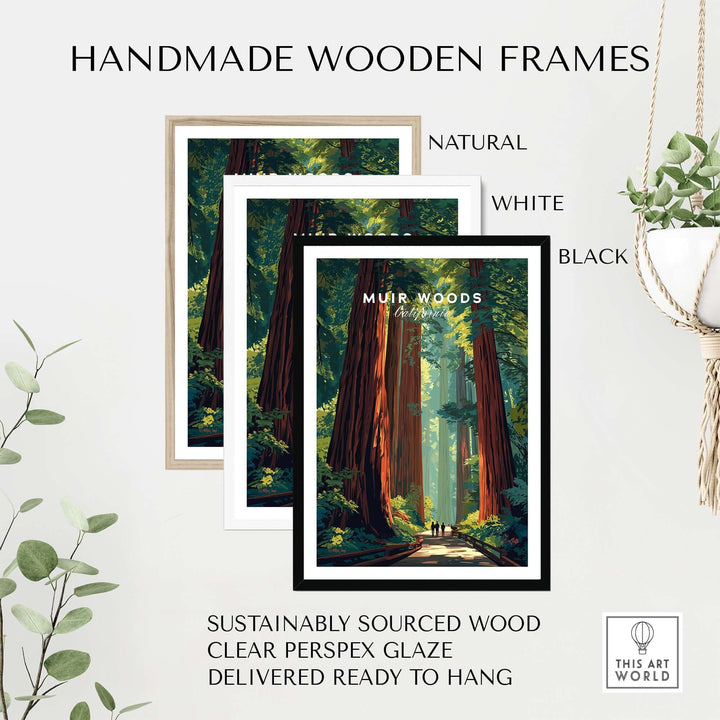 Handmade wooden frames in natural, white, and black for Muir Woods poster, made with sustainably sourced wood.
