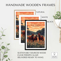 Handmade wooden frames for New Forest Print showcasing natural, white, and black options, ready to hang and sustainably sourced.