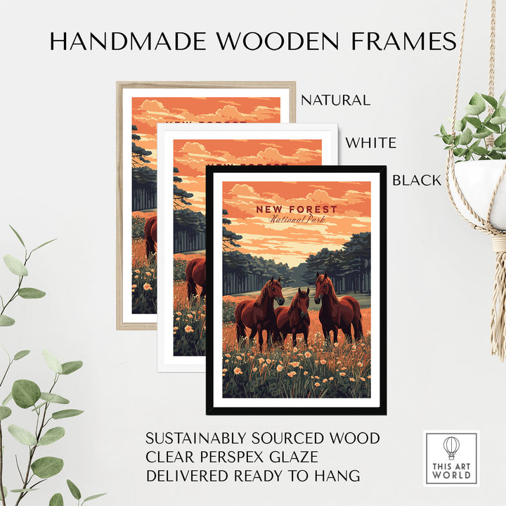 New Forest Print with handmade wooden frames in natural, white, and black options, featuring picturesque National Park horses.