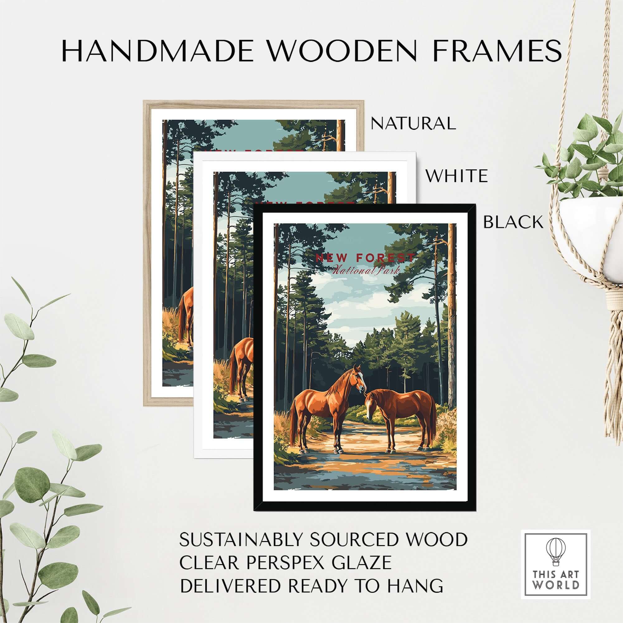New Forest Print National Park framed in handmade wooden frames in natural, white, and black variations.