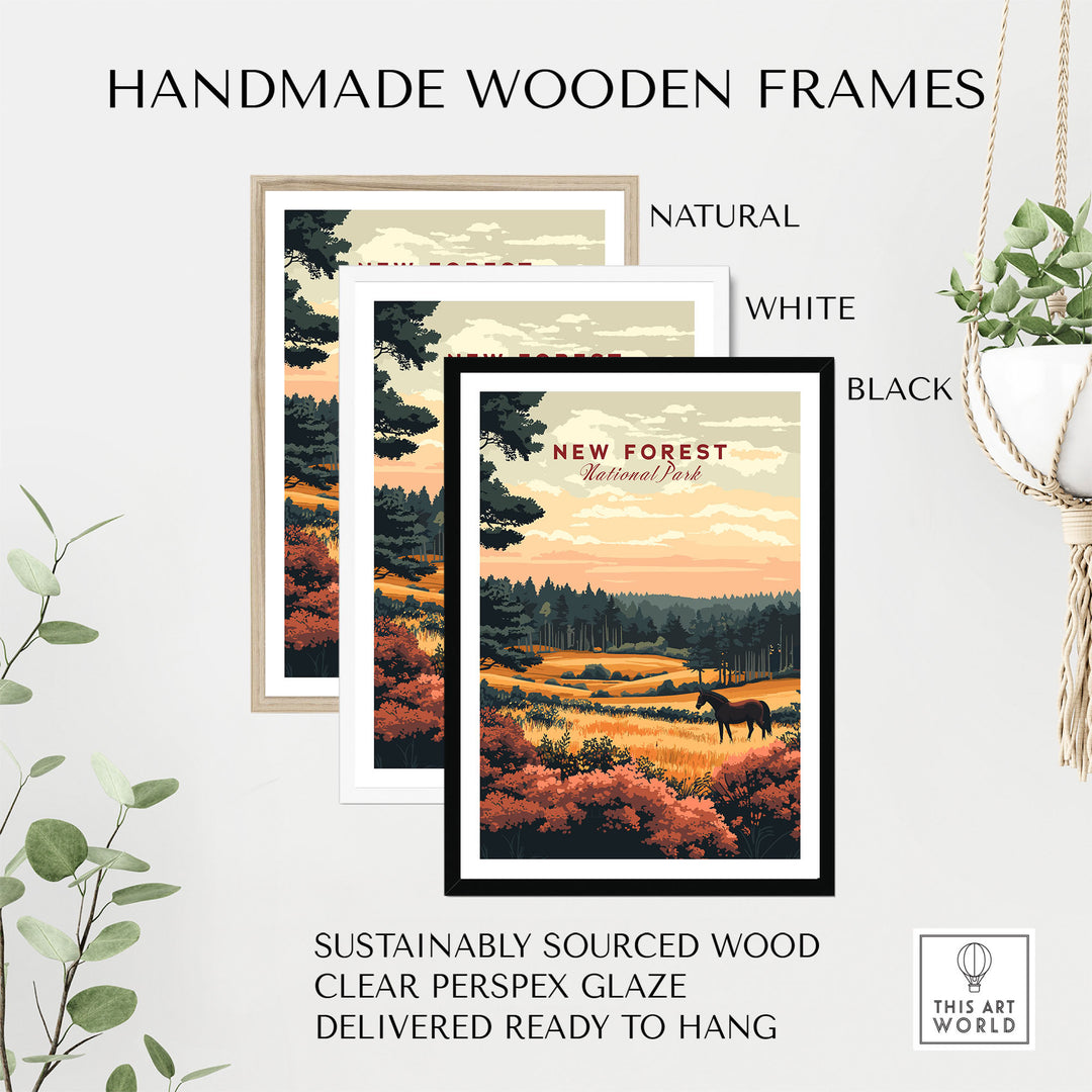 New Forest England National Park print in natural, white, black frames. Eco-friendly, ready-to-hang wall art featuring nature scenery.