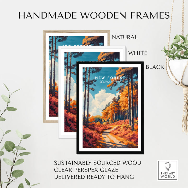 Handmade wooden frames with New Forest travel poster in natural, white, and black colors, showcasing vibrant autumn landscape.