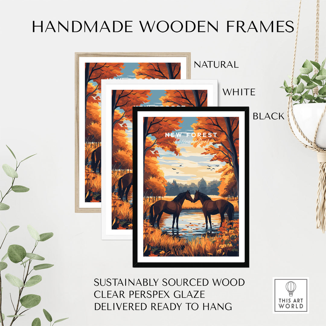 "New Forest Wall Art Print in handmade wooden frames, available in natural, white, and black. Features serene UK National Park scene."