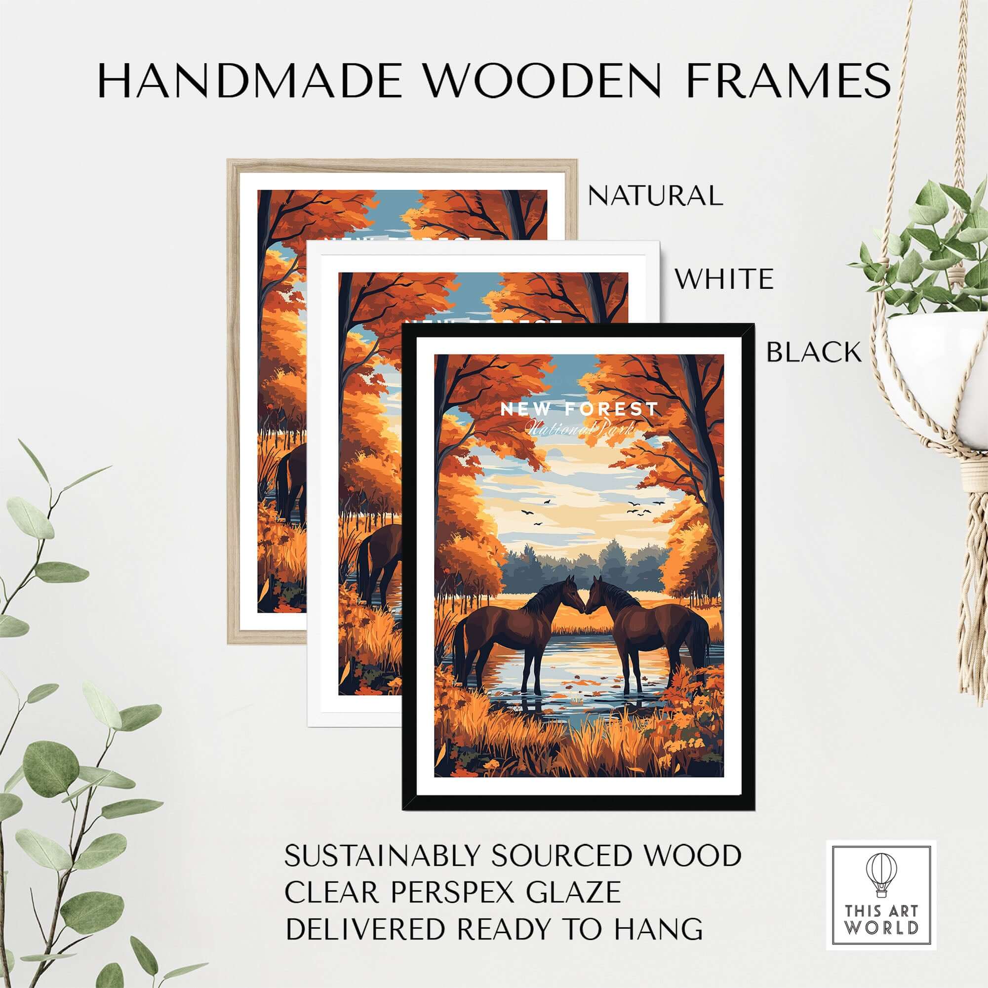New Forest Wall Art Print displayed in handmade wooden frames in natural, white, and black finishes.
