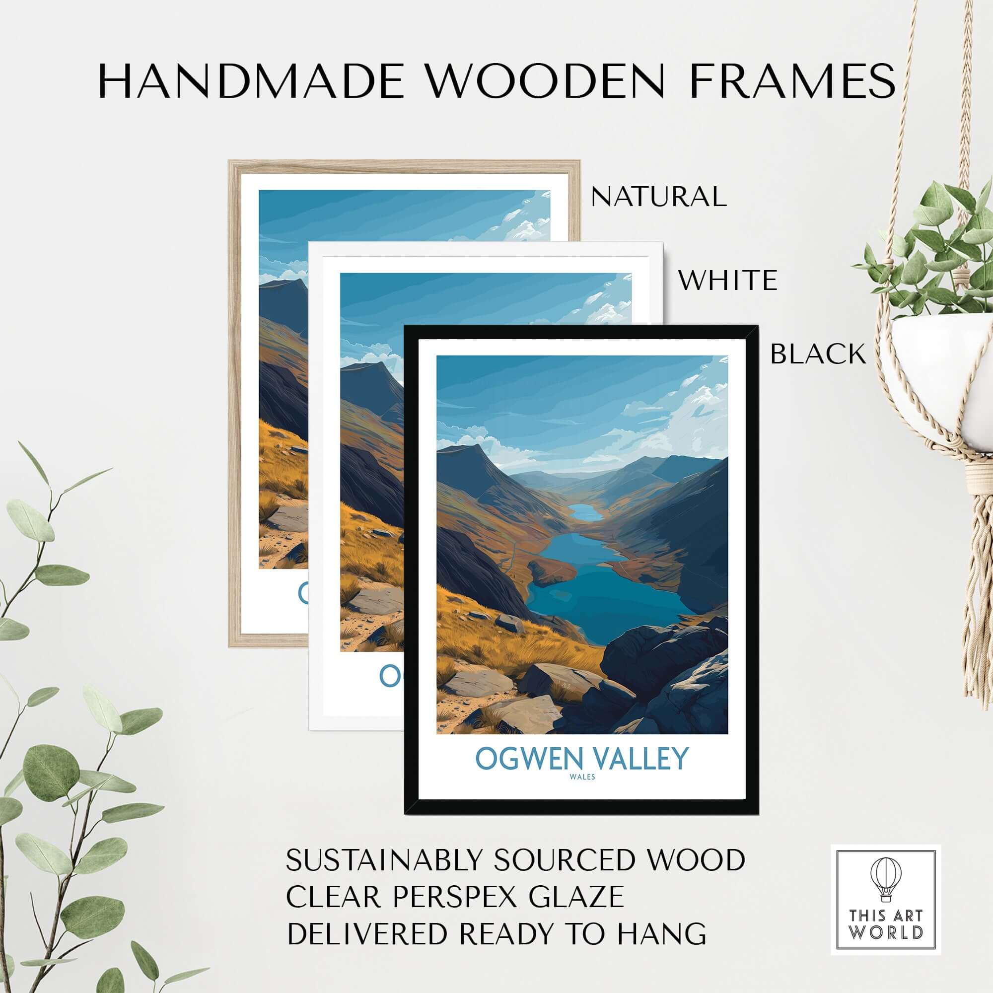 Ogwen Valley Wales Poster Blue Lakes & Peaks - Welsh Wilderness Decor displayed in handmade wooden frames.