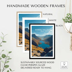 Ogwen Valley Print  Wales Mountain Lakes Landscape - Snowdonia Valley Wall Art in handmade wooden frames, available in natural, white, black.