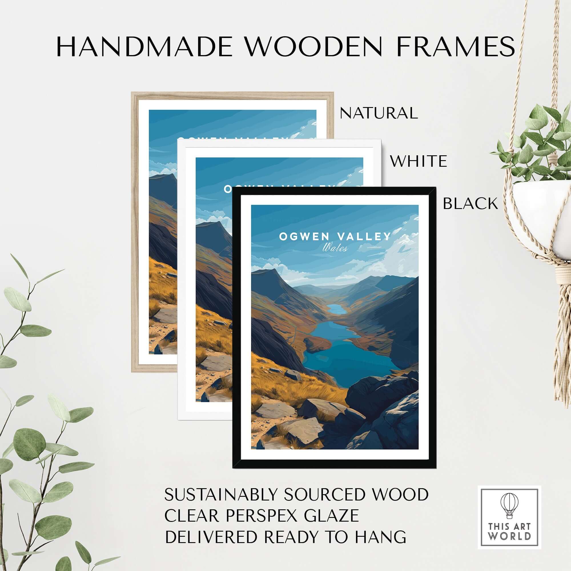 Ogwen Valley Print  Wales Mountain Lakes Landscape - Snowdonia Valley Wall Art in handmade wooden frames, available in natural, white, black.