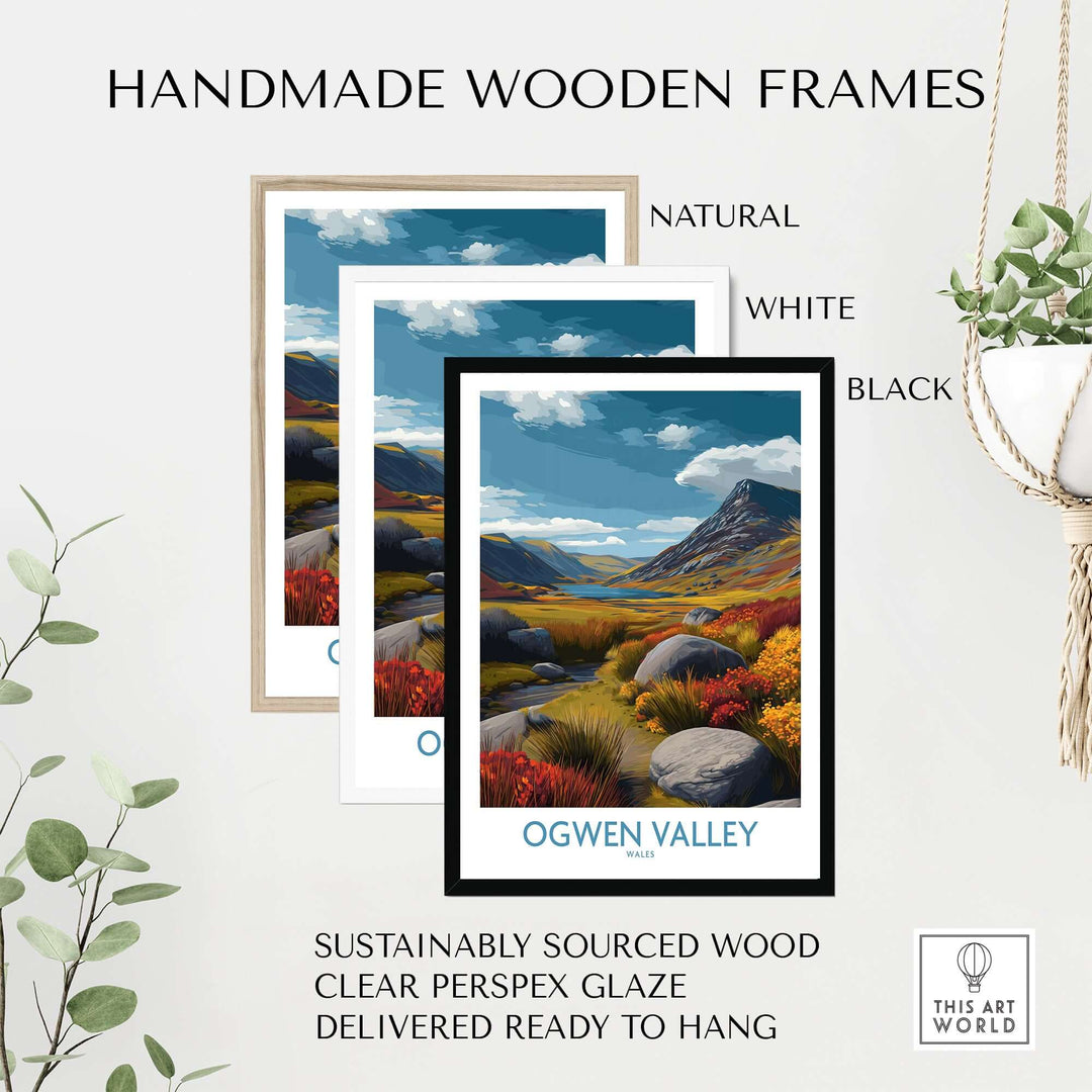 Ogwen Valley wall art featuring handmade wooden frames in natural, white, and black colors, showcasing Welsh nature.