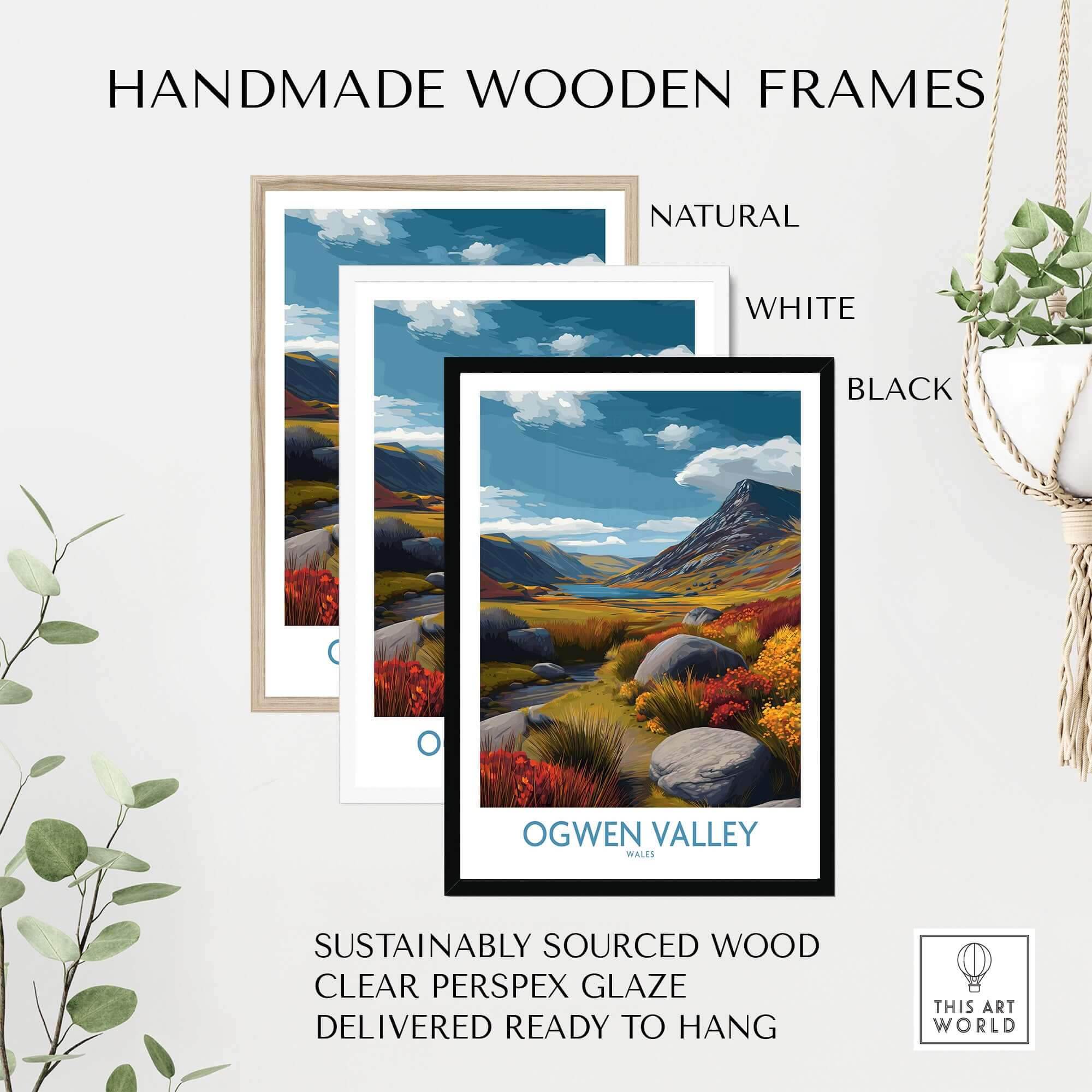 Ogwen Valley Wall Art Wales Rocky Valley - Welsh Nature Travel Decor with handmade wooden frames.