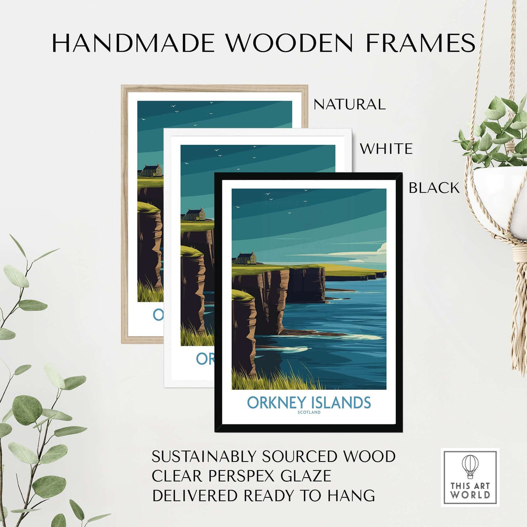 Handmade wooden frames in natural, white, and black for Orkney Islands wall art, showcasing sustainable craftsmanship.