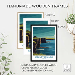 Handmade wooden frames in natural, white, and black for Orkney Islands Scotland Wall Art - Scottish Travel Decor.
