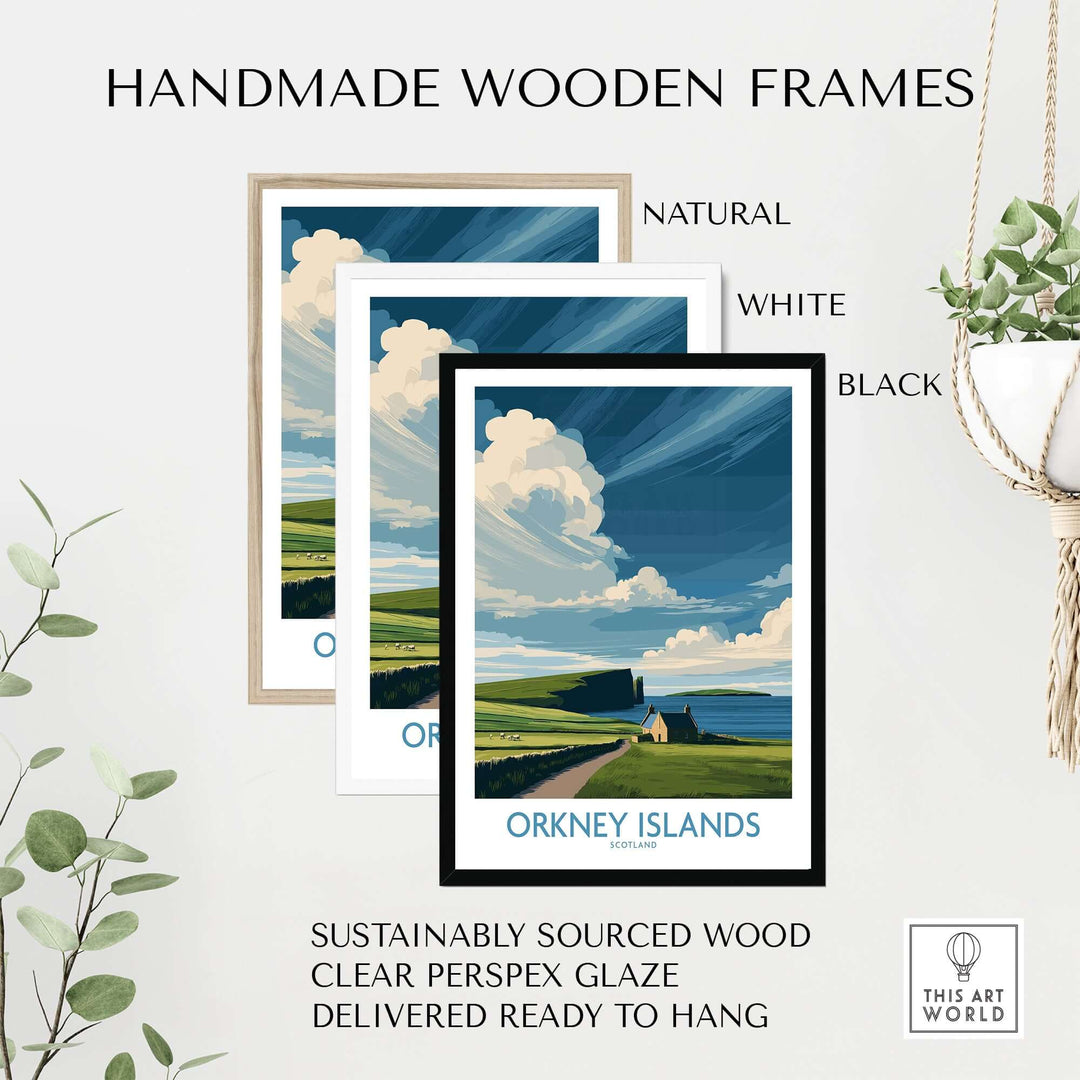 Handmade wooden frames in natural, white, and black colors showcasing Orkney Islands wall art.