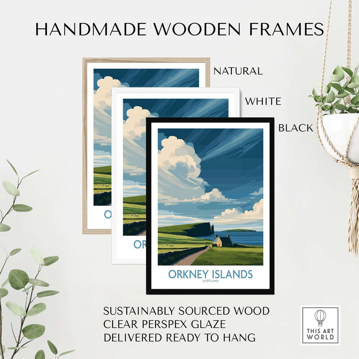Handmade wooden frames in natural, white, and black colors showcasing Orkney Islands wall art.