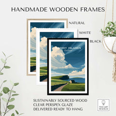 Orkney Islands Coastal Cottage Print - Green Hills Scotland Poster framed in natural, white, and black handmade wooden frames.