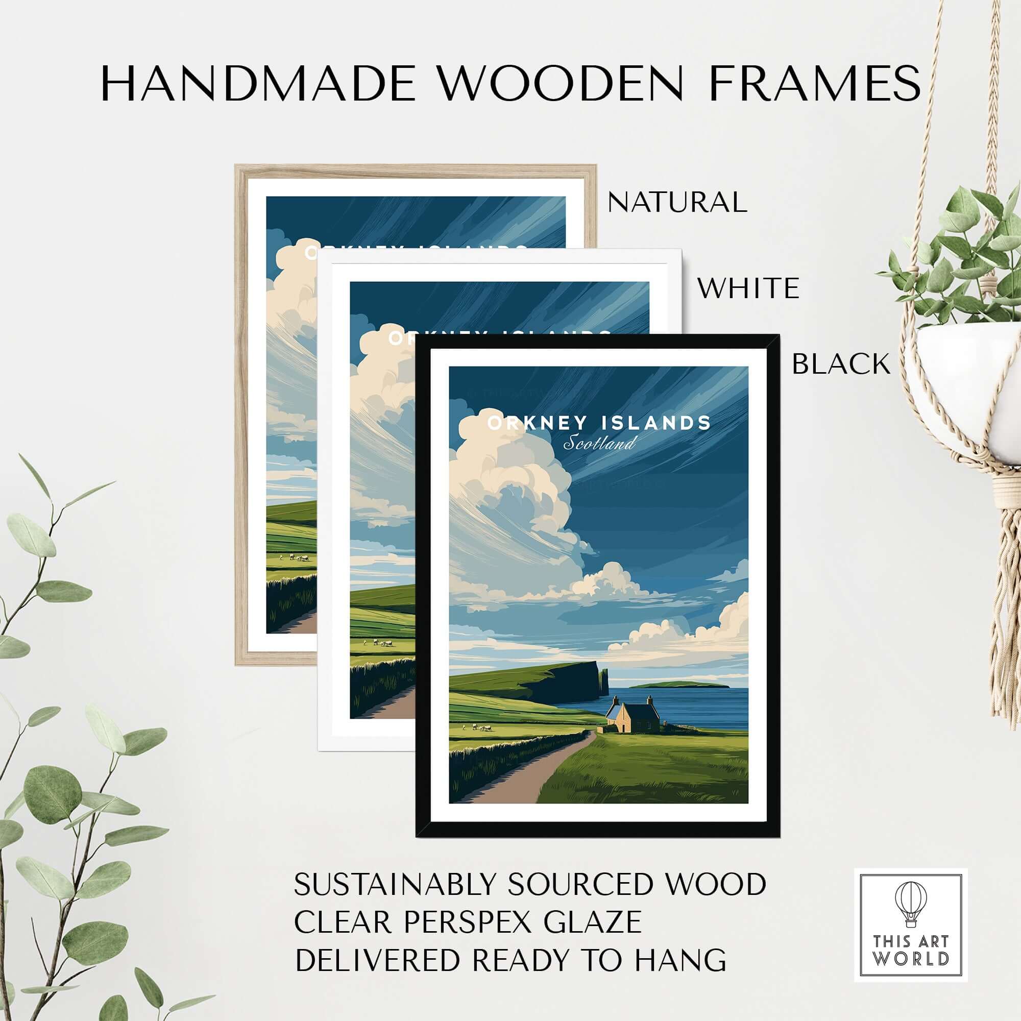 Orkney Islands Coastal Cottage Print - Green Hills Scotland Poster framed in natural, white, and black handmade wooden frames.