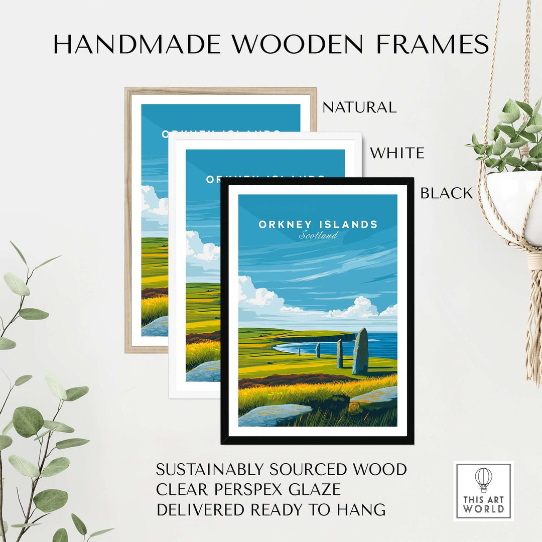 Handmade wooden frames in natural, white, and black showcasing Orkney Islands print, sustainably sourced for easy display.