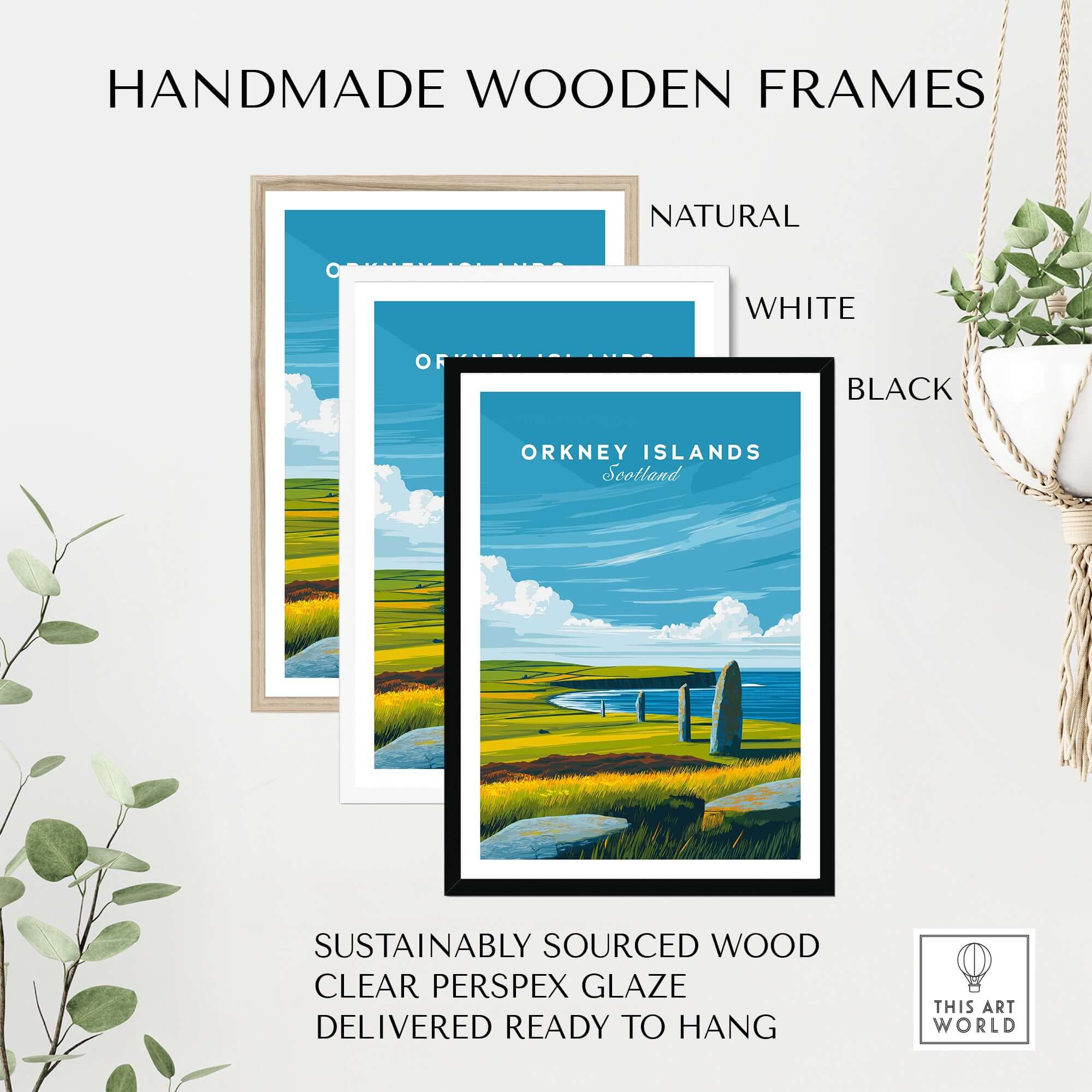 Orkney Islands Standing Stones Print - Scotland Ancient Landmark Wall Art in handmade wooden frames in natural, white, and black.