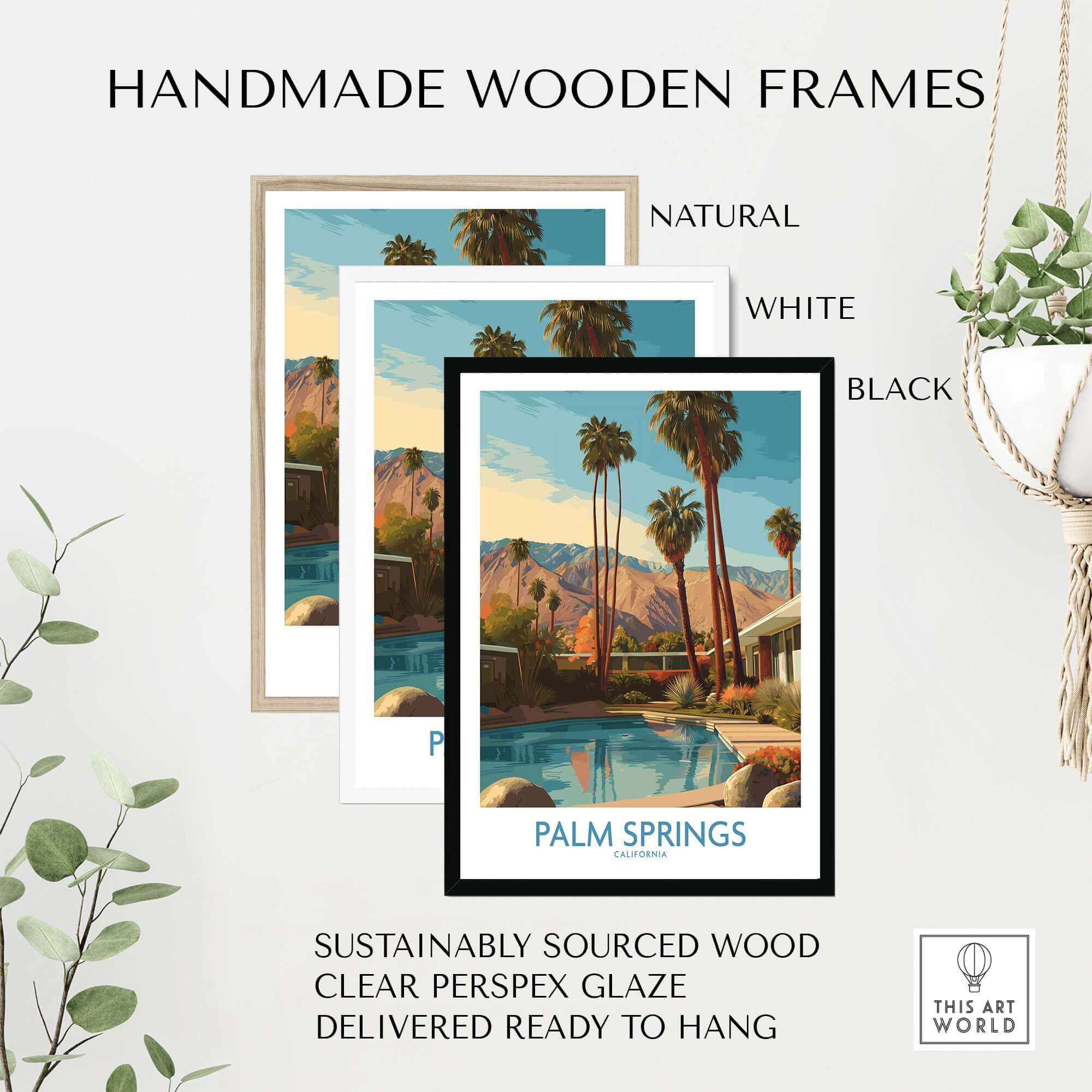 Handmade wooden frames in natural, white, and black for Palm Springs California Poolside Mountain View Print - California Travel Decor.