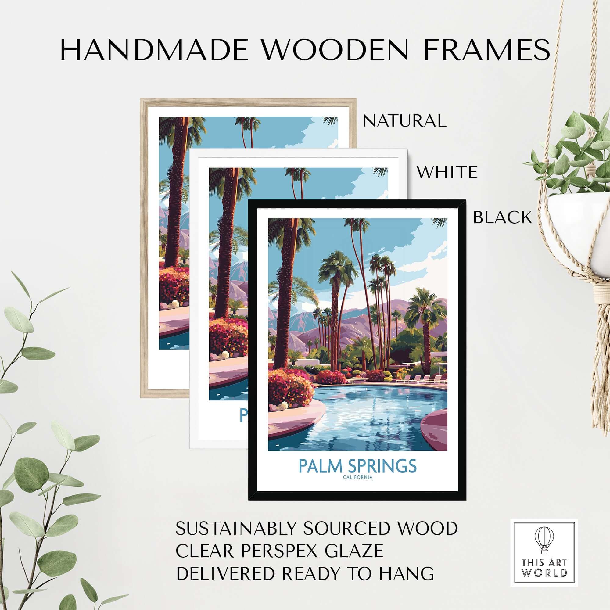Palm Springs California Vibrant Garden Poster - California Resort Decor in handmade wooden frames showcasing natural, white, and black options.