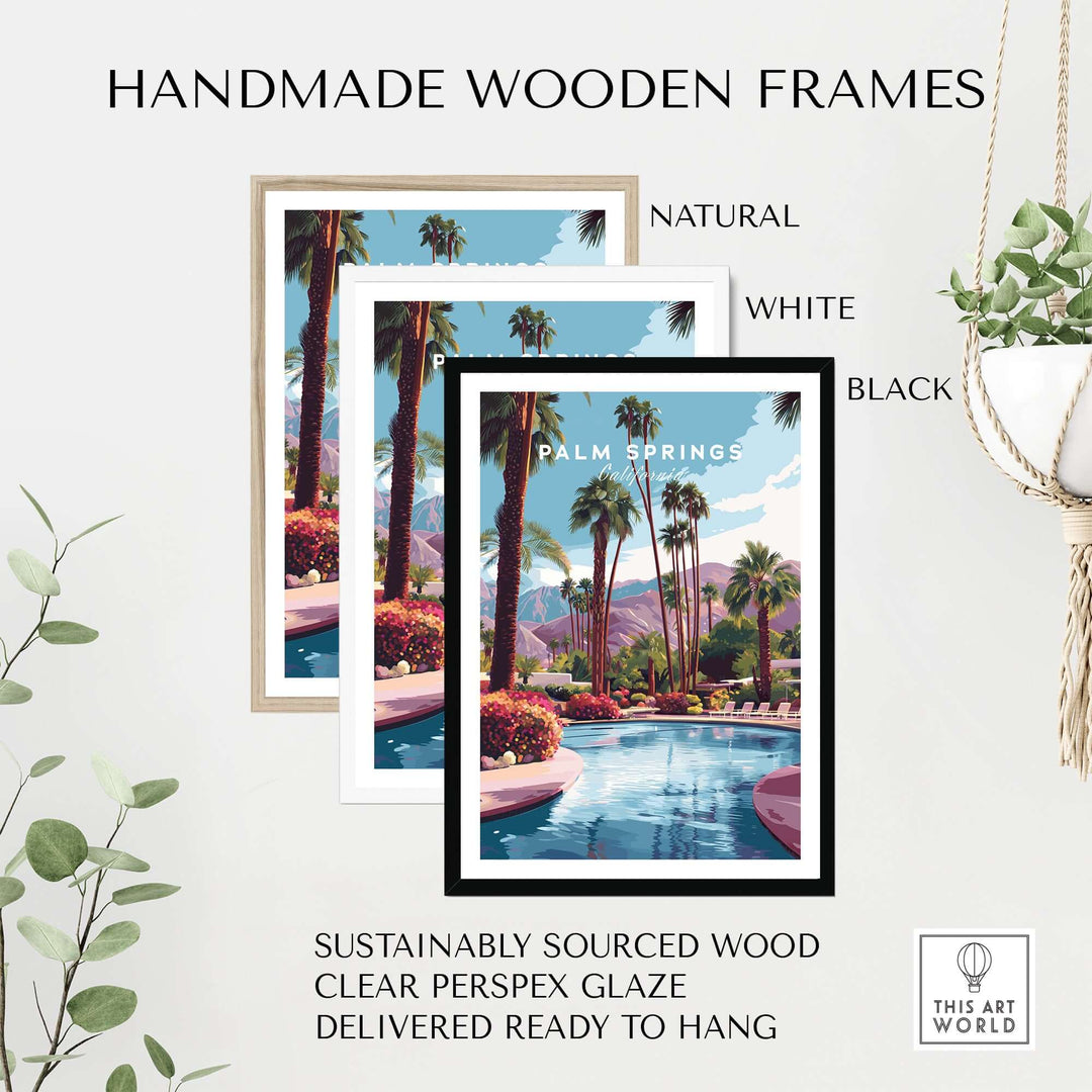 Handmade wooden frames in natural, white, and black finishes for Palm Springs Tropical Poolside Print.