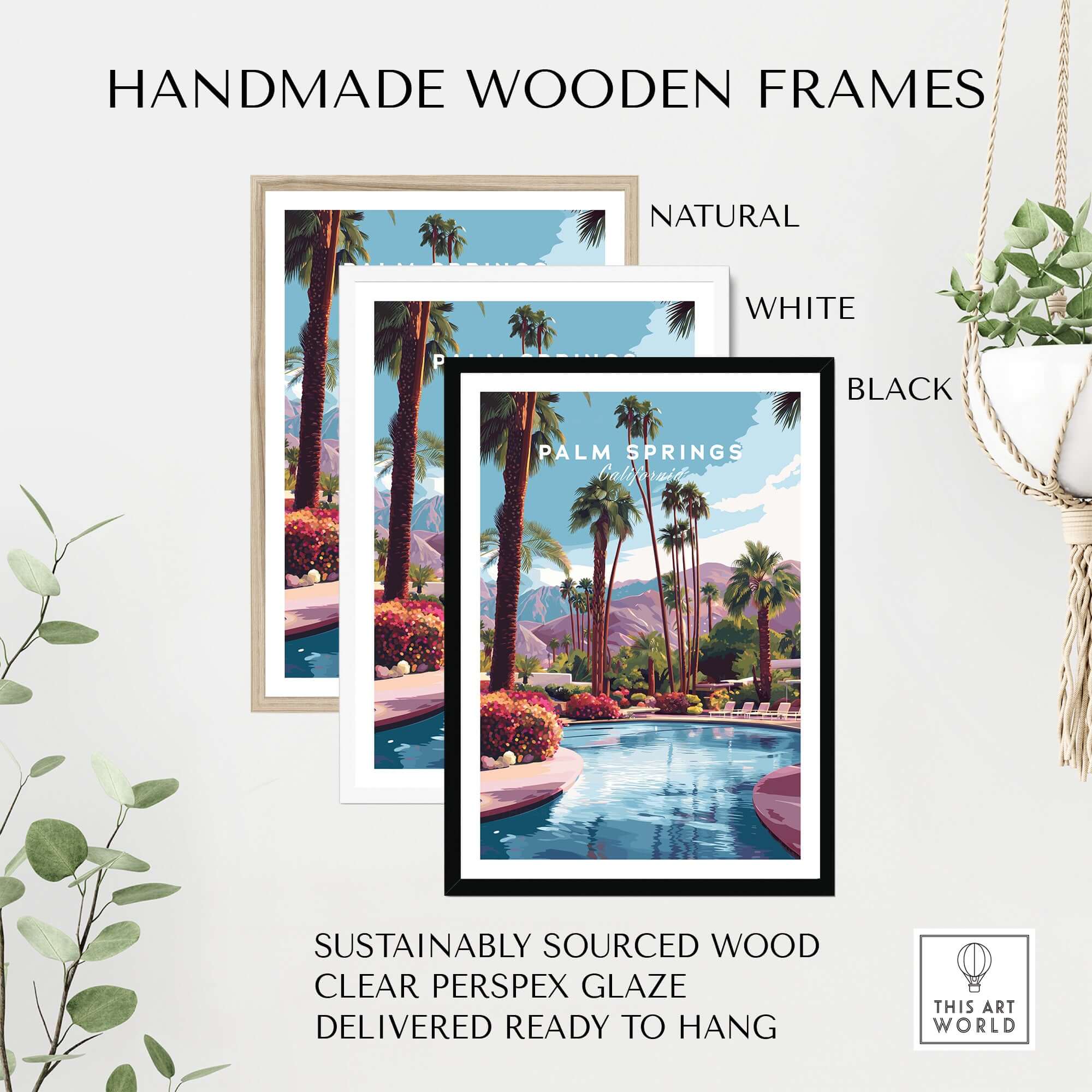Palm Springs California Tropical Poolside Print - Mountain Landscape Wall Art in handmade wooden frames
