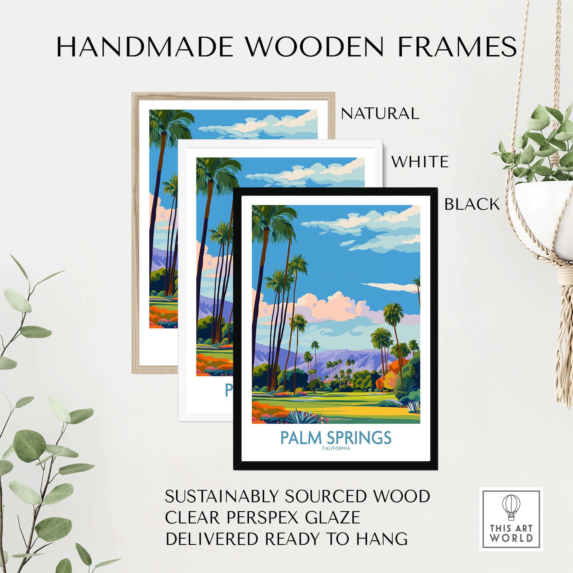 Palm Springs Palm Tree Oasis Wall Art - California Travel Poster in handmade wooden frames