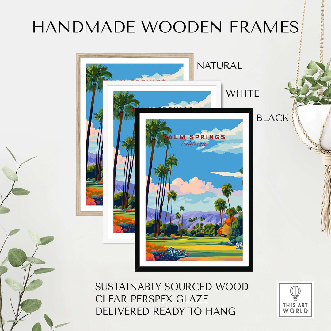Handmade wooden frames in natural, white, and black for Palm Springs golf course poster, sustainably sourced wood.