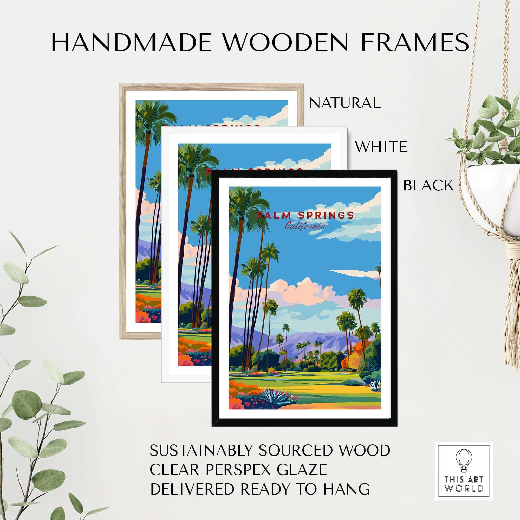 Palm Springs Golf Course Poster - California Desert Mountain View Print in handmade wooden frames in natural, white, and black.
