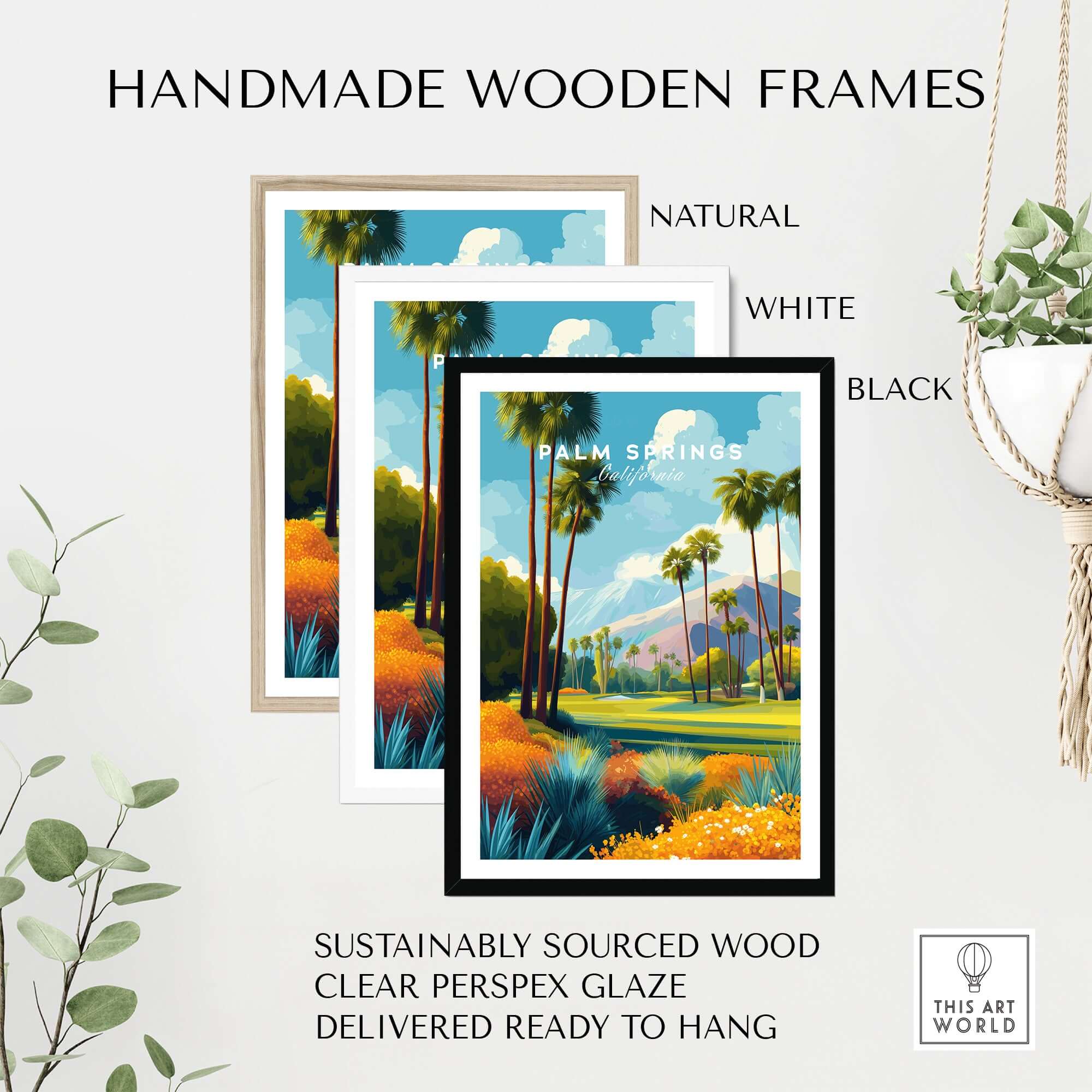 Handmade wooden frames in natural, white, and black for Palm Springs California Golf Course Mountain View Print - Desert Landscape Wall Art.